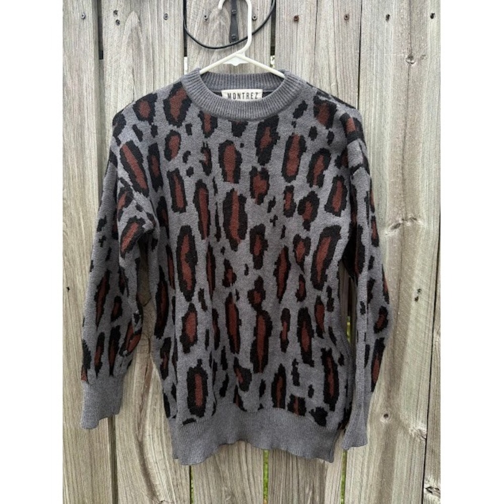 Animal Print Grunge Montrez Sweater Size S Grey Brown Leopard Knit Crewneck